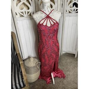 Glam Gurlz Pink Fully Beaded Sequin Prom Evening Dress Train High Slit Medium